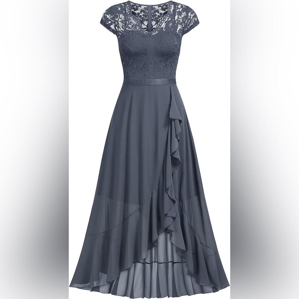 Womens Size 4-6 Dress NEW Asymmetircal Feminine Gray Formal Party Guest Midi - Picture 7 of 15
